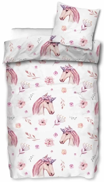 Billede af Unicorn sengetøj - 140x200 cm - Dynebetræk med enhjørning og blomster - 100% Bomulds sengesæt hos Shopdyner.dk